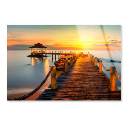 Wooden Pier Between Sunset in Phuket, Thailand Acrylic Glass Print Tempered Glass Wall Art 100% Made in Australia Ready to Hang