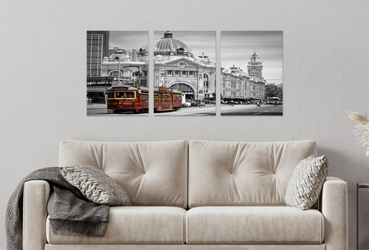 3pcs Melbourne Tram Black and White Scenery Wall Art Set Canvas Framed 40x60cm - High Quality Print 100% Australian Made Wall Canvas Ready to Hang