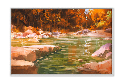 Creek In Autumn Forest Oil Painting Wall Art Limited Edition High Quality Print Canvas Box Framed White