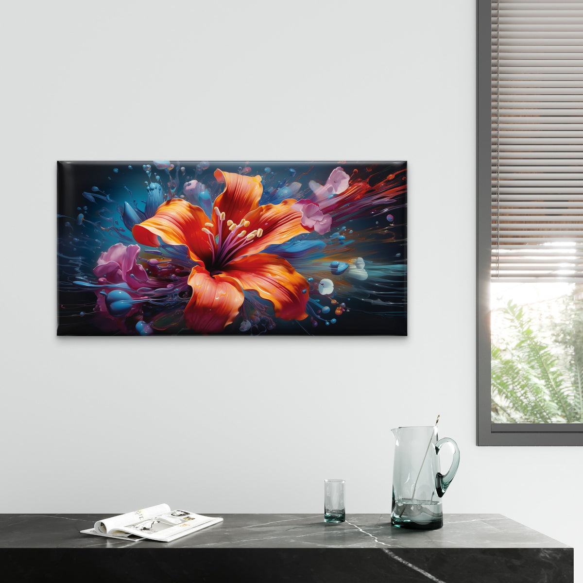 Orange Lily Splatter Wall Art Canvas Office Home Room Framed 120x60cm