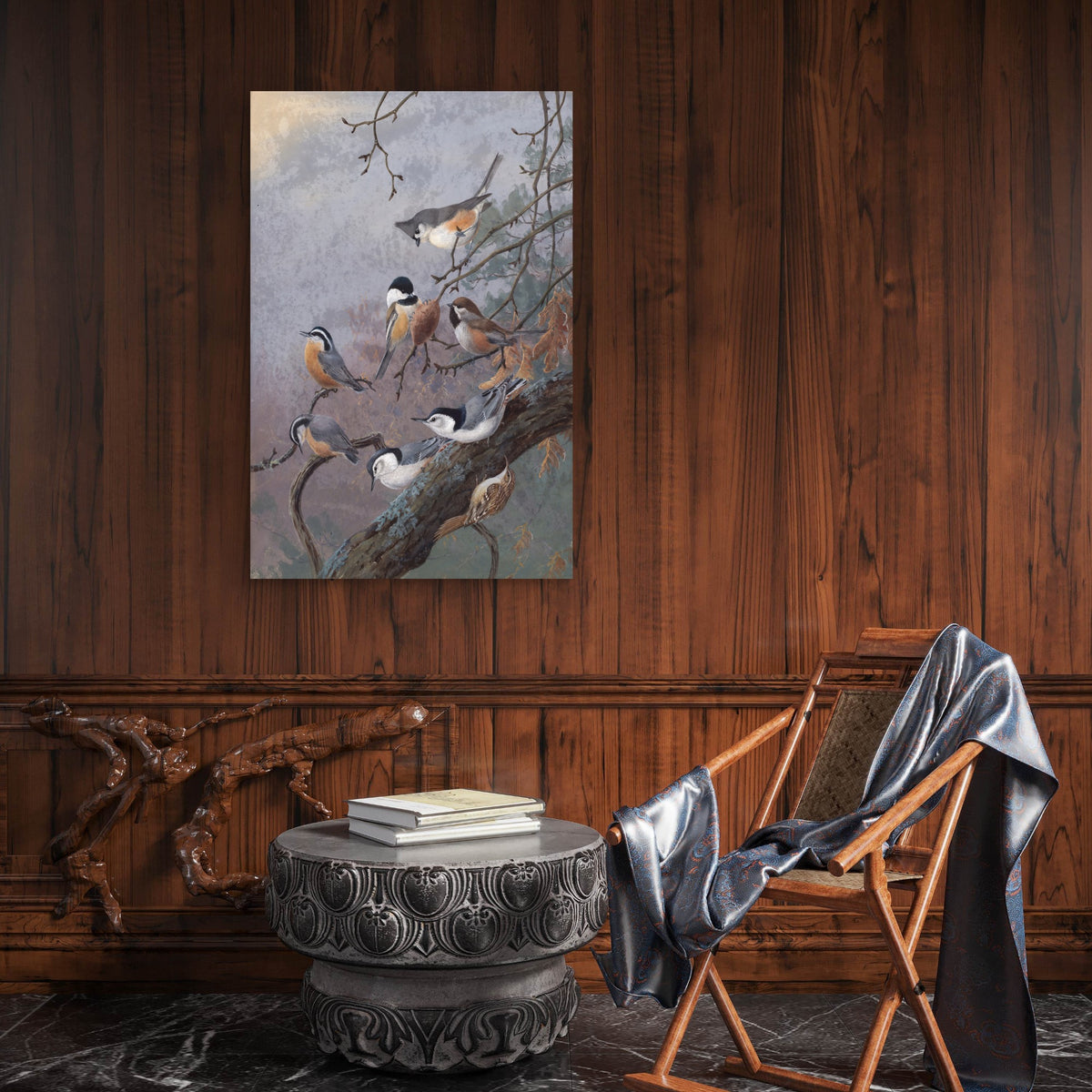 Winter Birds Wildlife Painting 60x90cm Metal Print Ready to Hang