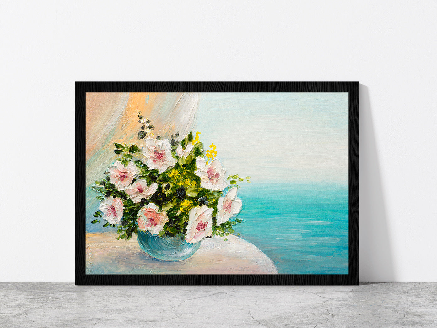 Bouquet Of Flowers On The Table Glass Framed Wall Art, Ready to Hang Quality Print Without White Border Black