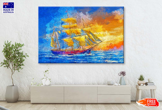 Old Big Sailboat. Vintage Sail Yacht. Beautiful Ocean Seascape with Sunset Wall Art Limited Edition High Quality Print