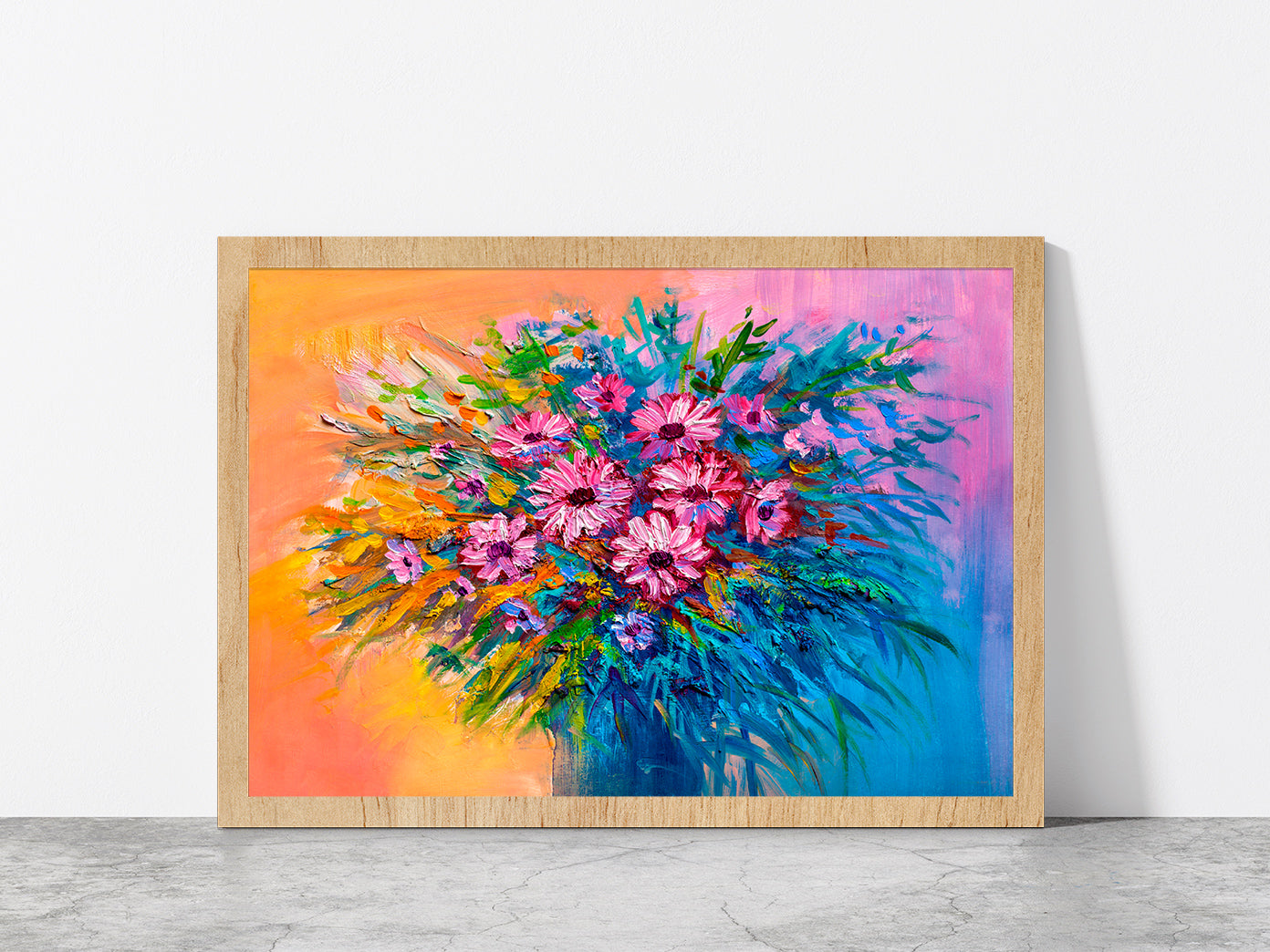 Colorful Bouquet Of Flowers Glass Framed Wall Art, Ready to Hang Quality Print Without White Border Oak