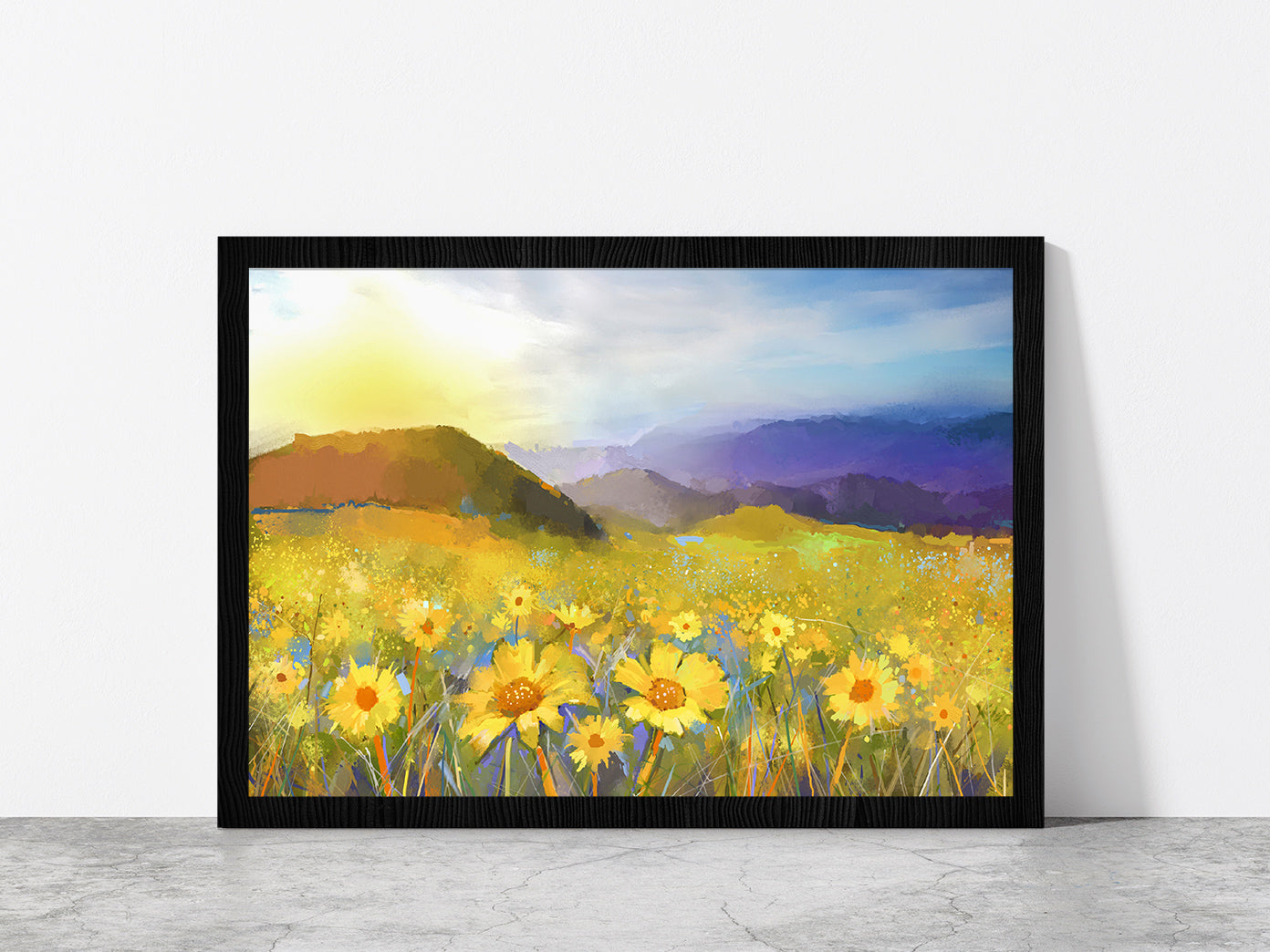 Daisy Flower Blossom, Warm Light Of The Sunset & Hill Glass Framed Wall Art, Ready to Hang Quality Print Without White Border Black