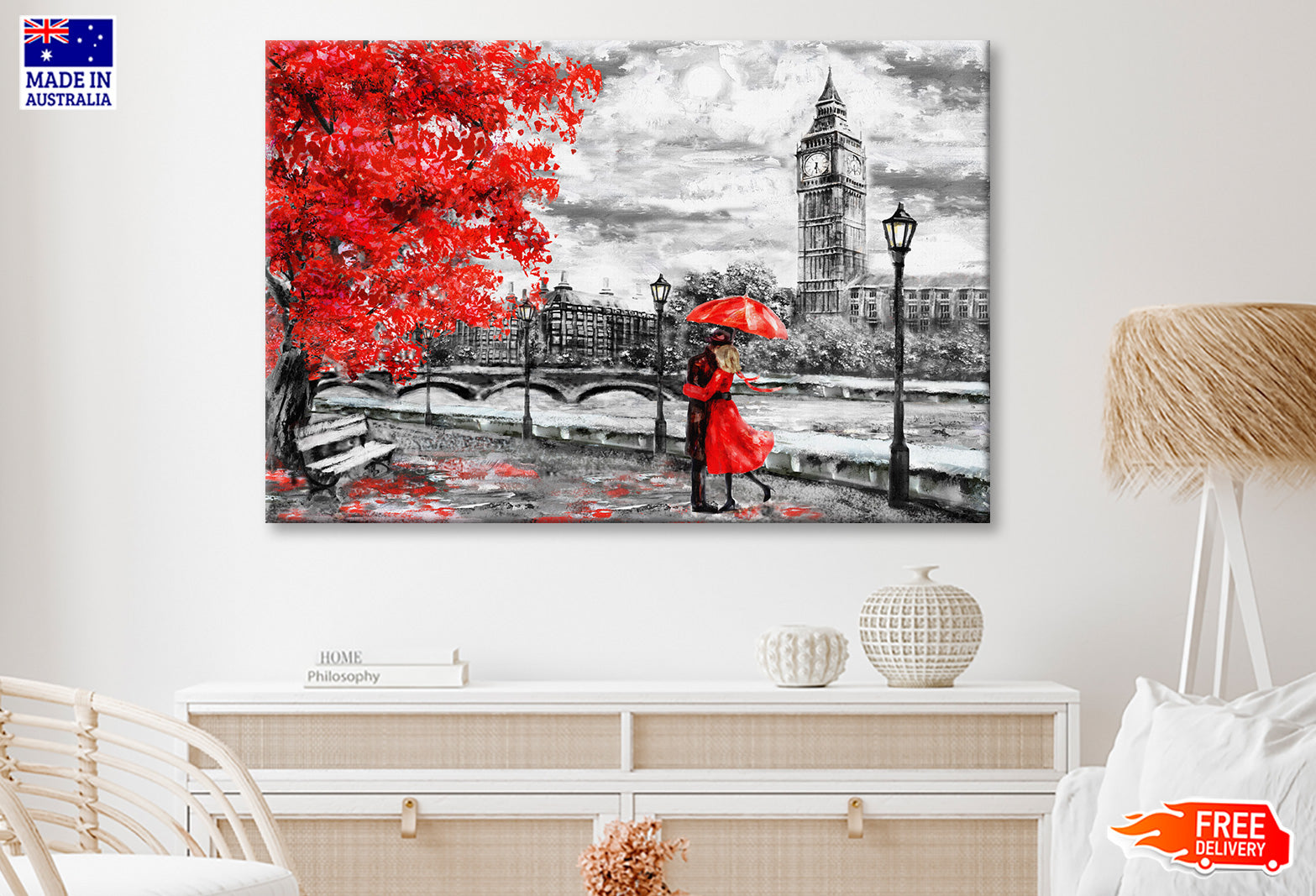 Red Tree & Couple near Big Ben Bridge & River Painting Wall Art Limited Edition High Quality Print