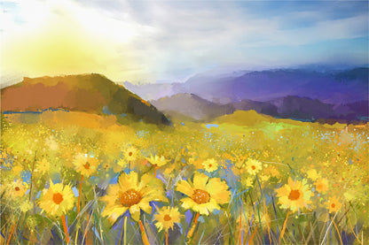 Daisy Flower Blossom, Warm Light Of The Sunset & Hill Glass Framed Wall Art, Ready to Hang Quality Print