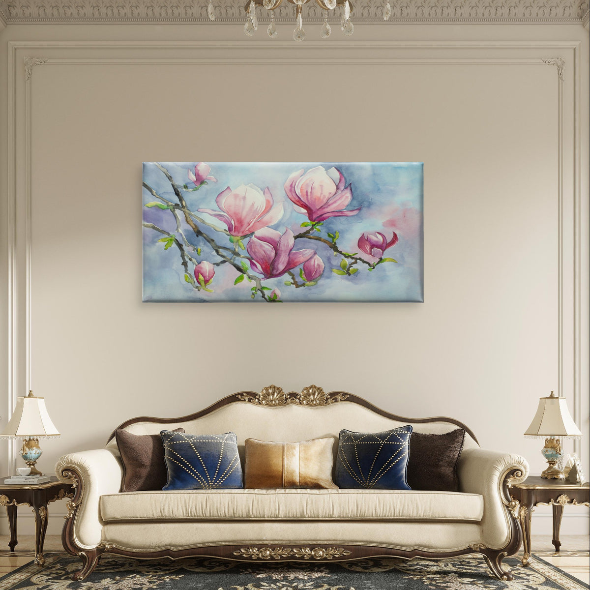 Watercolor Pink Magnolia Flower Branch Painting Wall Art Canvas Office Home Framed 120x60cm