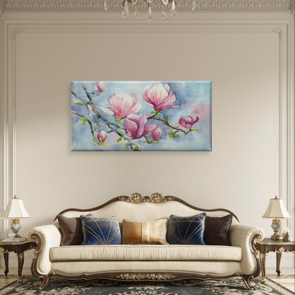 Watercolor Pink Magnolia Flower Branch Painting Wall Art Canvas Office Home Framed 120x60cm