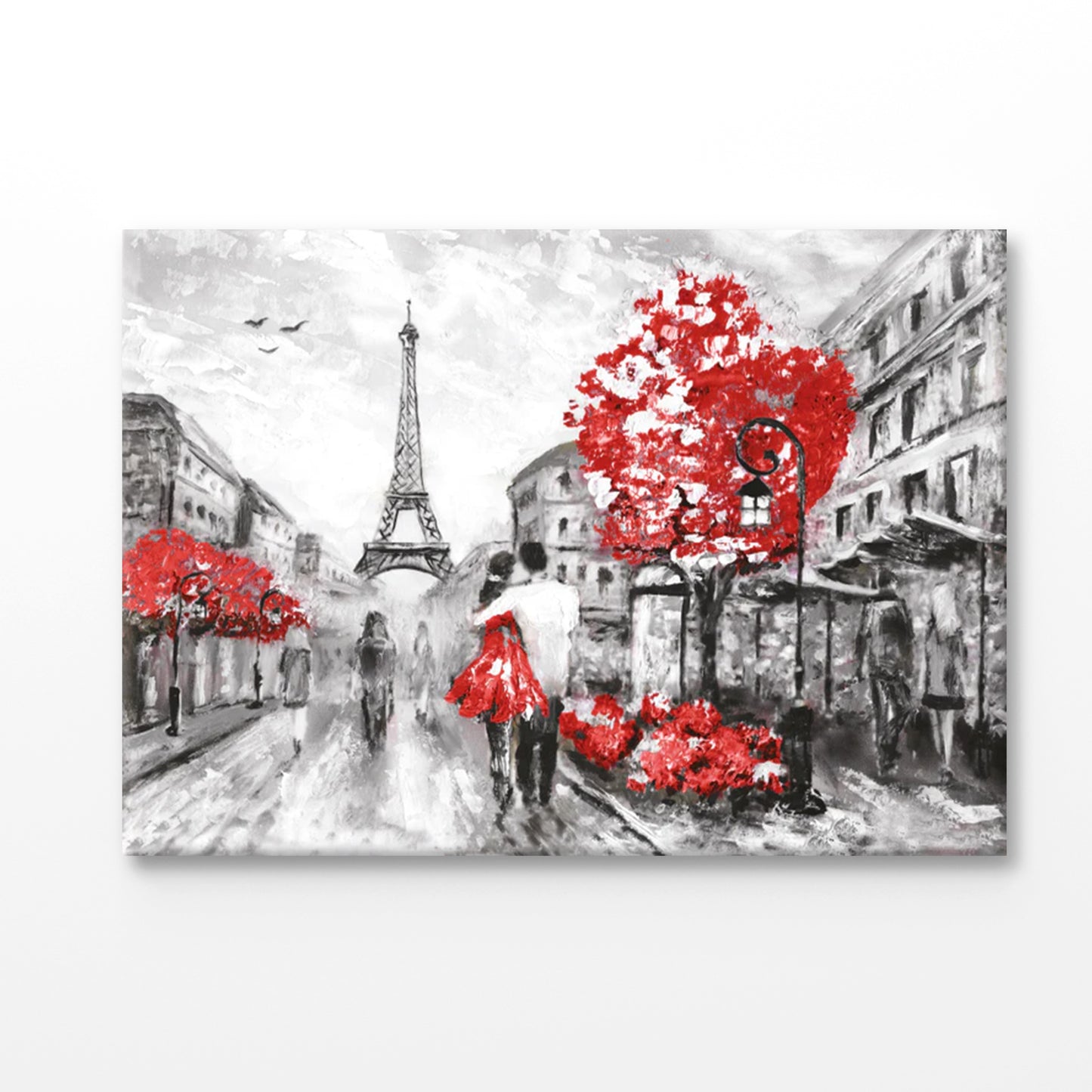 Bella Home B&W Eiffel Tower, Red Trees & Couple Print Canvas Ready to hang