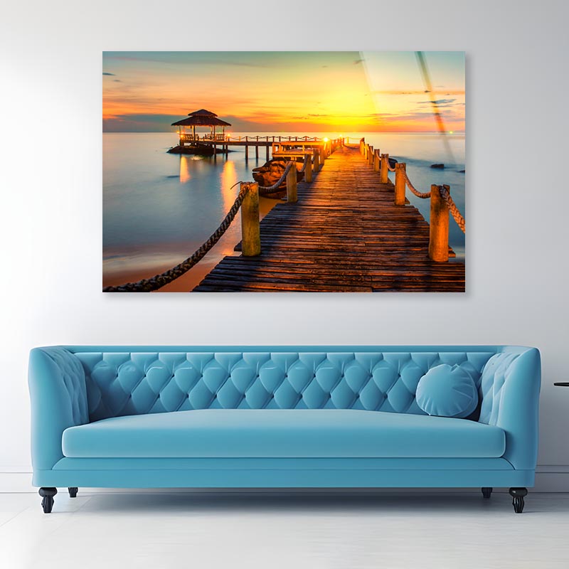 Wooden Pier Between Sunset in Phuket, Thailand Acrylic Glass Print Tempered Glass Wall Art 100% Made in Australia Ready to Hang