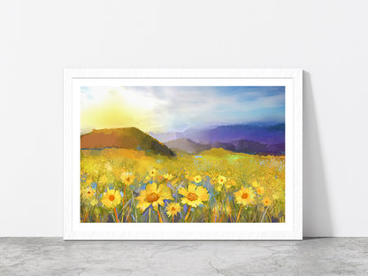 Daisy Flower Blossom, Warm Light Of The Sunset & Hill Glass Framed Wall Art, Ready to Hang Quality Print With White Border White