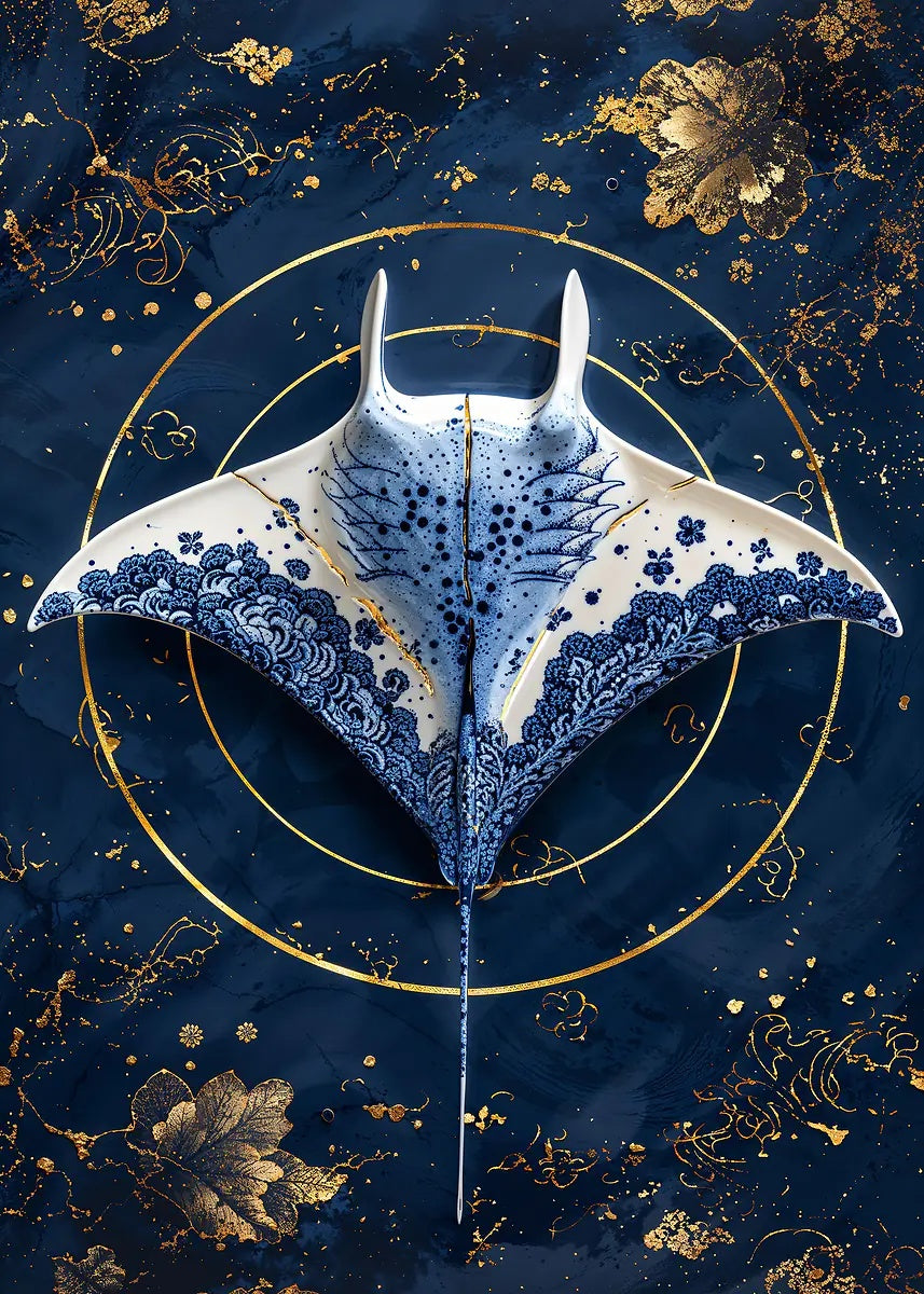 Kintsugi Blue Manta Ray 40x60cm Metal Print Ready to Hang