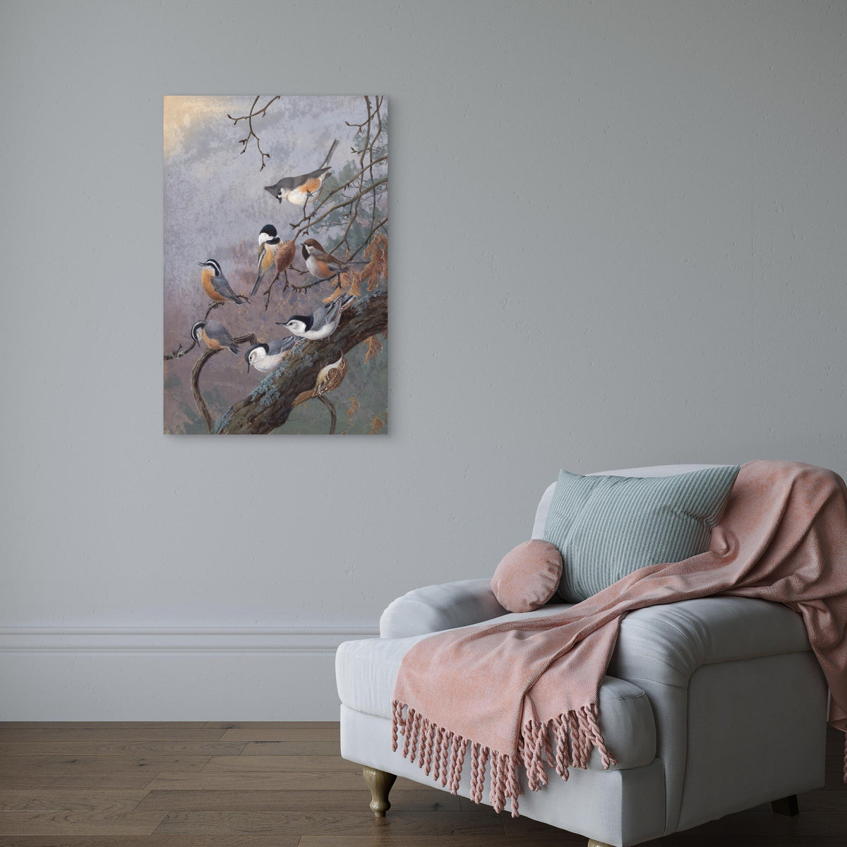 Winter Birds Wildlife Painting 60x90cm Metal Print Ready to Hang