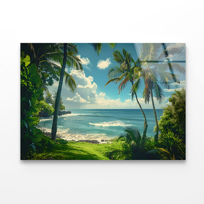 Tropical Beach with Palm Trees under Sky Acrylic Glass Print Tempered Glass Wall Art 100% Made in Australia Ready to Hang