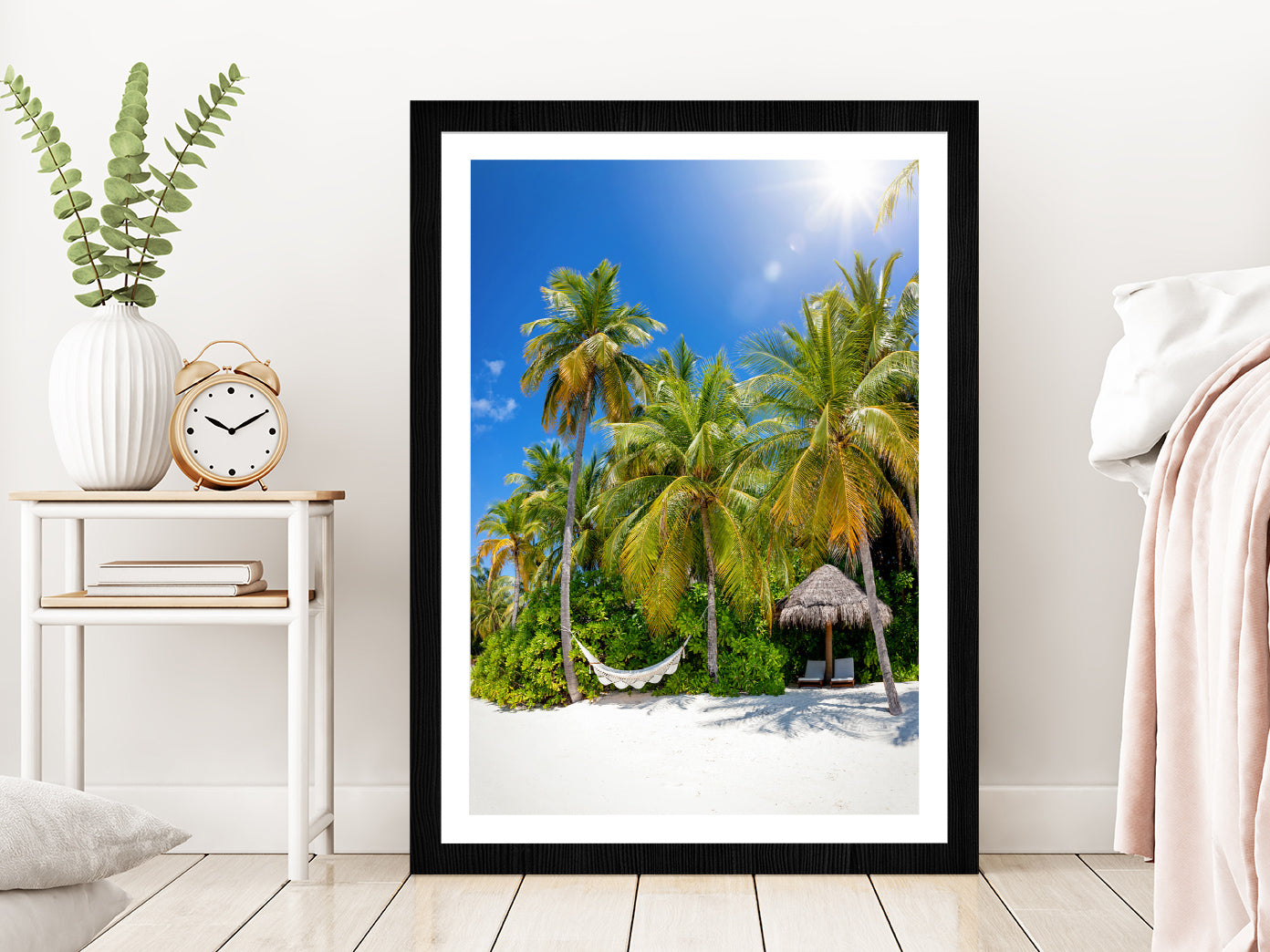 Hammock on Palm Trees & Hut Paradise Beach Glass Framed Wall Art, Ready to Hang Quality Print With White Border Black