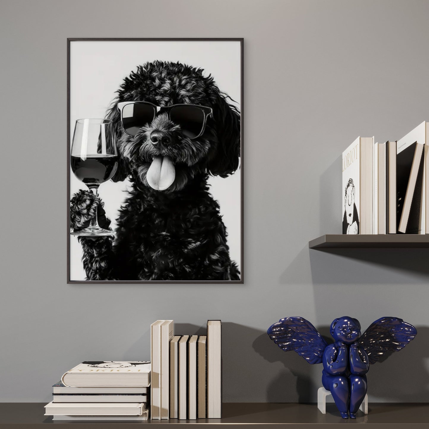 Black White Dog with Trendy Glasses and Wine Glass Fashion Home Decor Premium Quality Poster Print Choose Your Sizes