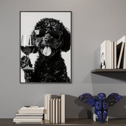 Black White Dog with Trendy Glasses and Wine Glass Fashion Home Decor Premium Quality Poster Print Choose Your Sizes