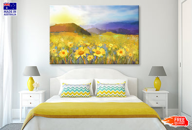 Daisy Flower Blossom, Warm Light Of The Sunset & Hill Oil Painting Limited Edition High Quality Print