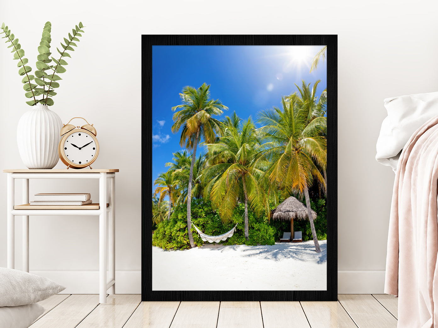 Hammock on Palm Trees & Hut Paradise Beach Glass Framed Wall Art, Ready to Hang Quality Print Without White Border Black