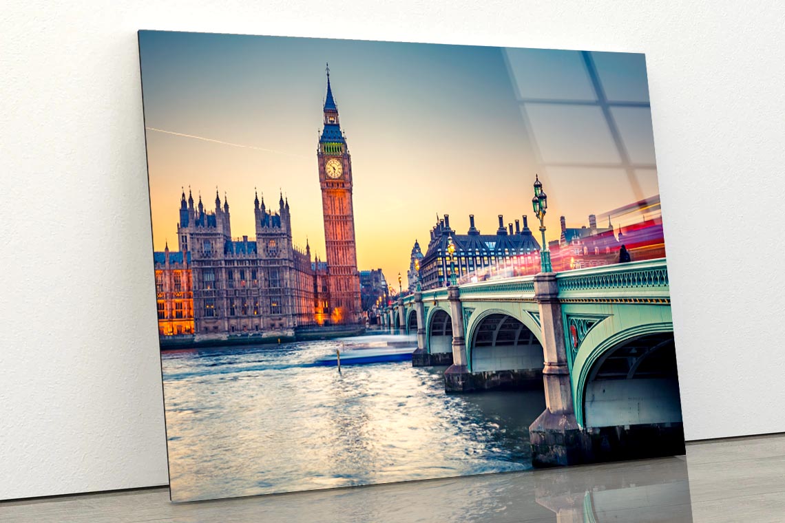 Big Ben and Westminster Bridge at Dusk  Acrylic Glass Print Tempered Glass Wall Art 100% Made in Australia Ready to Hang