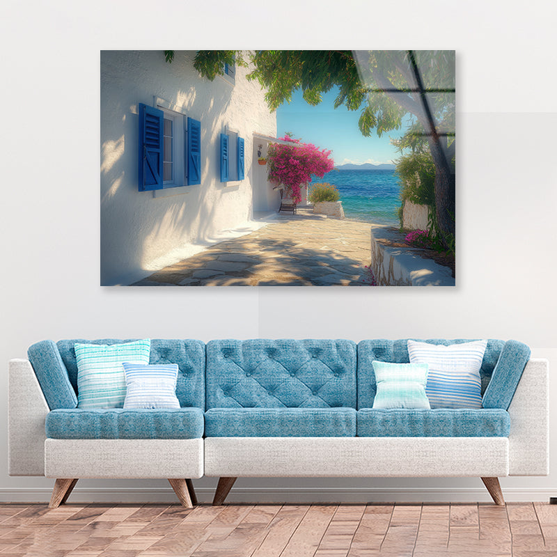 White Building with Blue Shutters, Trees Acrylic Glass Print Tempered Glass Wall Art 100% Made in Australia Ready to Hang