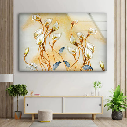 Gold White Blue Floral UV Direct Aluminum Print Australian Made Quality