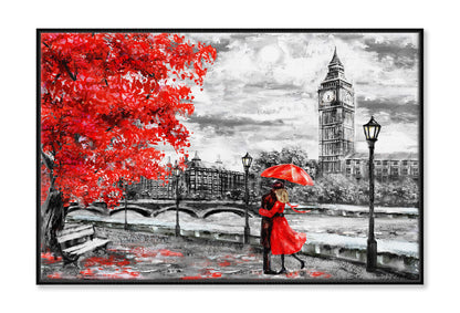 Red Tree & Couple near Big Ben Bridge & River Painting Wall Art Limited Edition High Quality Print Canvas Box Framed Black