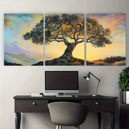 3pcs Vibrant Earth-Toned Nature Tree Metal Print Ready to Hang Art