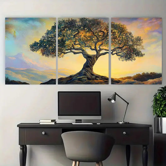 3pcs Vibrant Earth-Toned Nature Tree Metal Print Ready to Hang Art