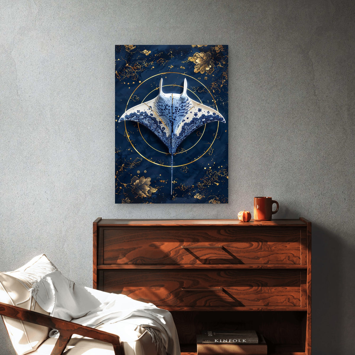 Kintsugi Blue Manta Ray 40x60cm Metal Print Ready to Hang