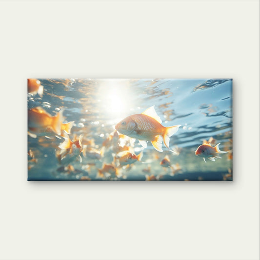 Goldfish Underwater Swimming Sunbeams Liquid Light Wall Art Canvas Office Home Framed 120x60cm