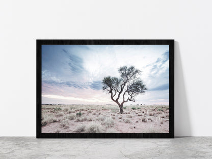 Dead Tree on Landscape & Cloudy Sky Photograph Glass Framed Wall Art, Ready to Hang Quality Print Without White Border Black