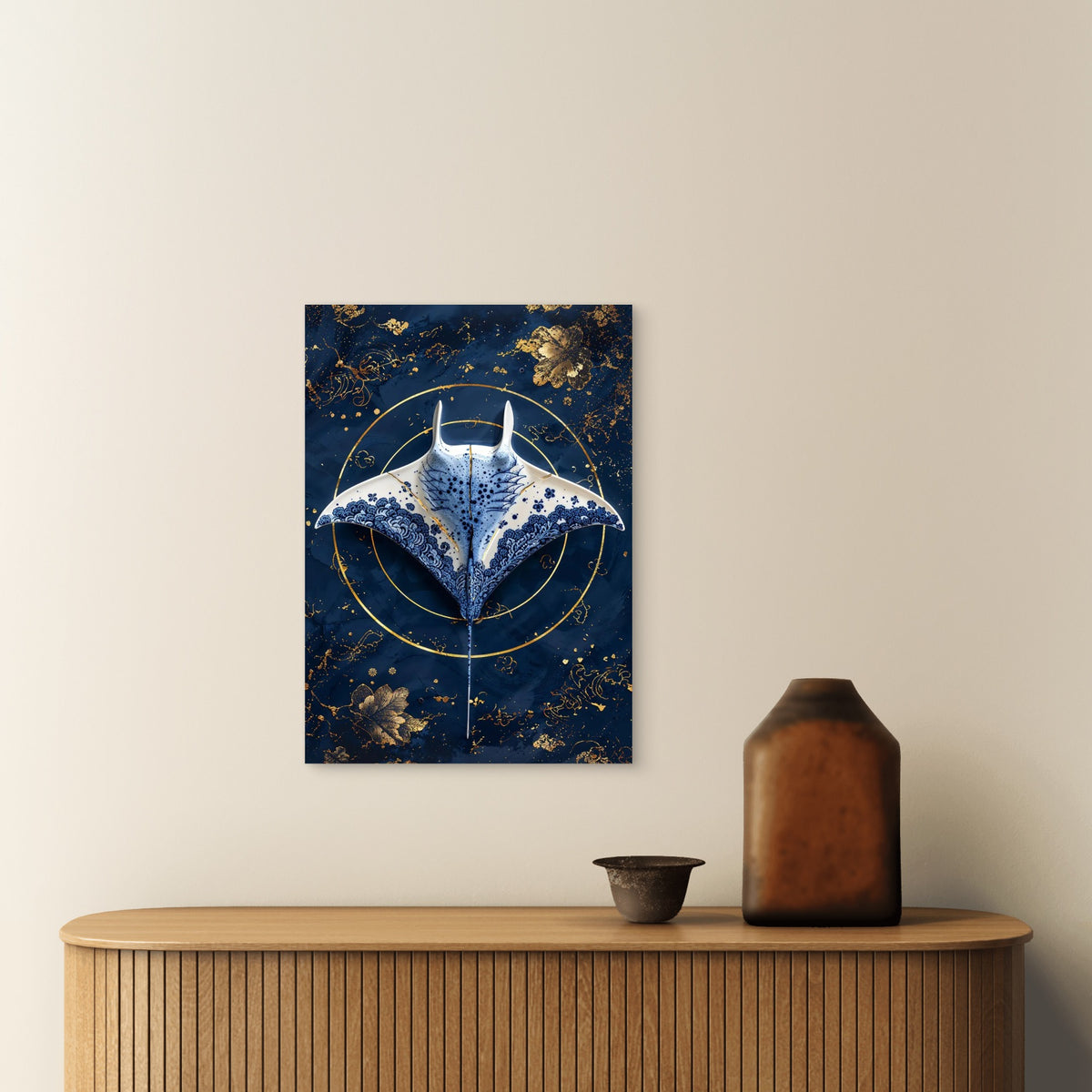 Kintsugi Blue Manta Ray 60x90cm Metal Print Ready to Hang
