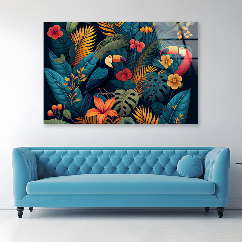 Painting Of Flowers, Leaves, & Birds Acrylic Glass Print Tempered Glass Wall Art 100% Made in Australia Ready to Hang