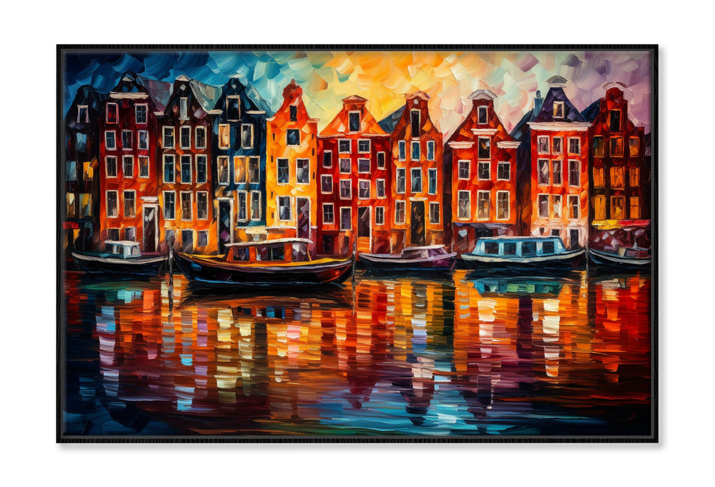 Amsterdam Boats Canals & Houses Oil Painting Wall Art Limited Edition High Quality Print Canvas Box Framed Black