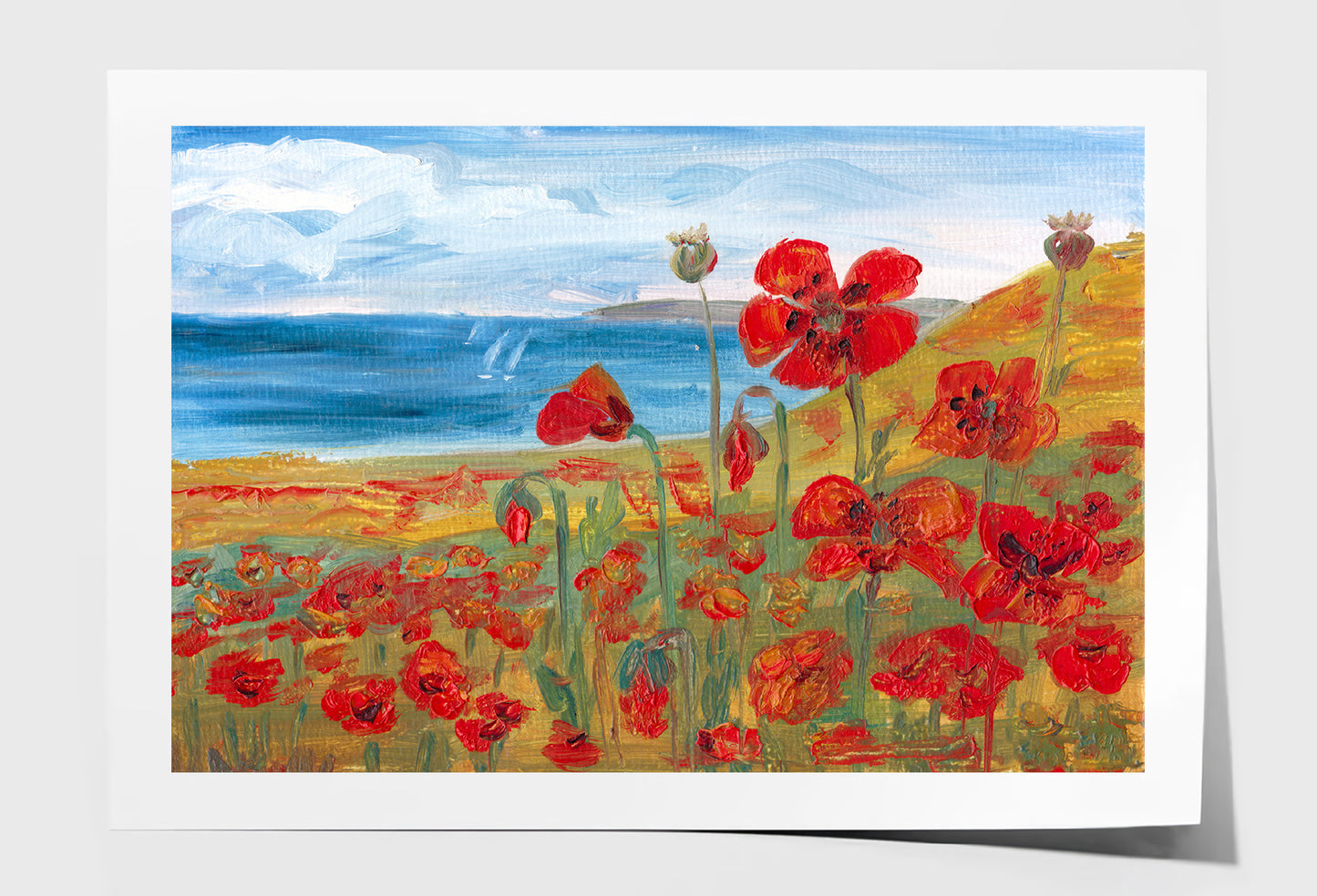 Red Poppies Field near Sea Watercolor Painting Wall Art Limited Edition High Quality Print Unframed Roll Canvas None