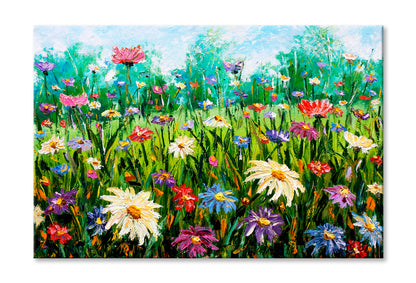 Wildflowers On Meadow Oil Painting Wall Art Limited Edition High Quality Print Stretched Canvas None