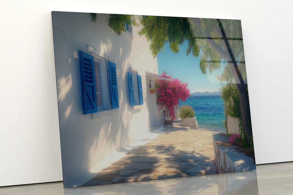 White Building with Blue Shutters, Trees Acrylic Glass Print Tempered Glass Wall Art 100% Made in Australia Ready to Hang