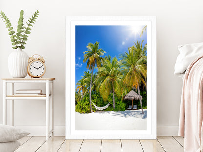 Hammock on Palm Trees & Hut Paradise Beach Glass Framed Wall Art, Ready to Hang Quality Print With White Border White