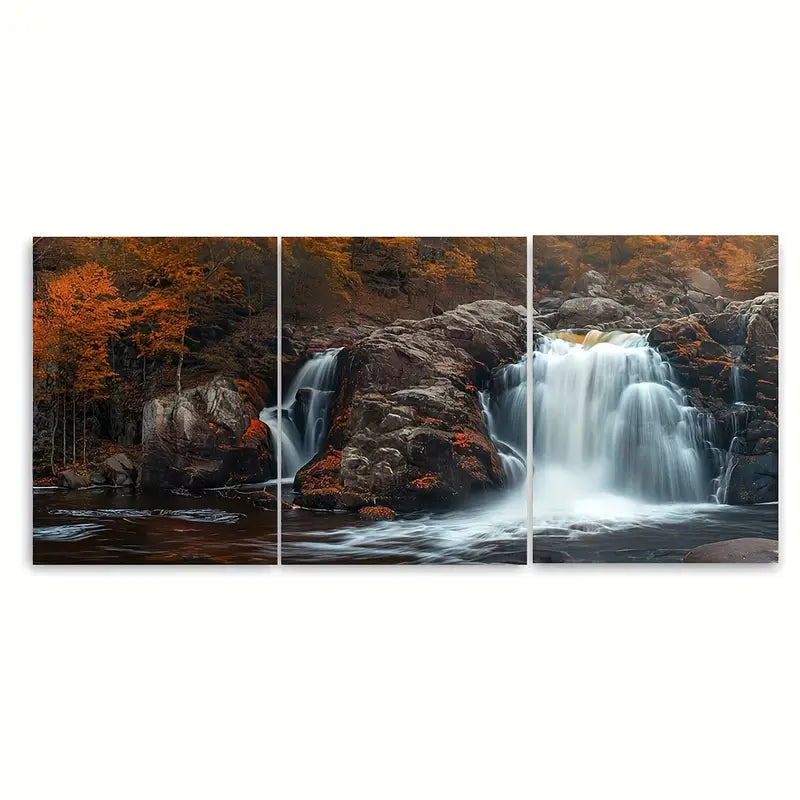 3pcs Waterfalls & Autumn Forest Scene Metal Print Ready to Hang Art
