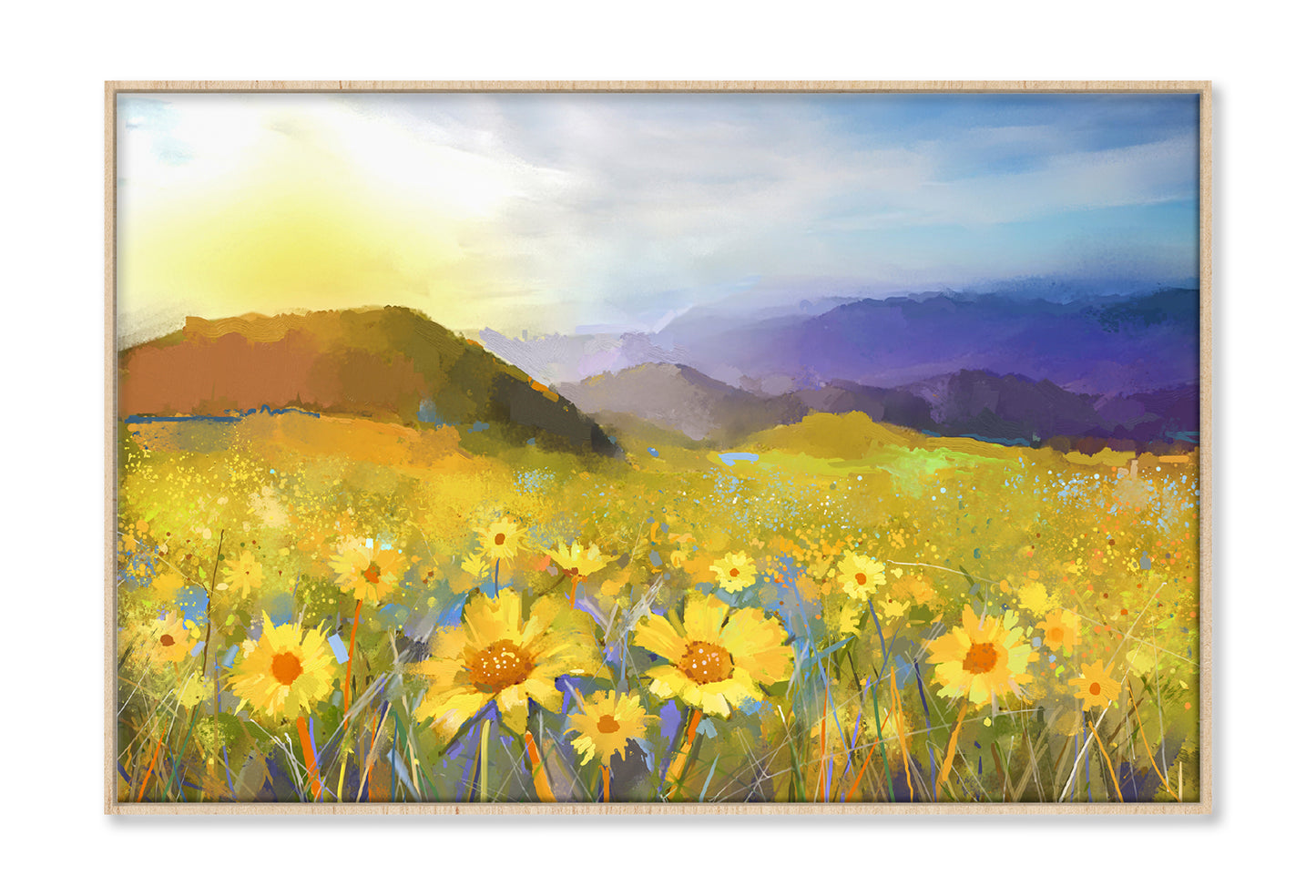 Daisy Flower Blossom, Warm Light Of The Sunset & Hill Oil Painting Limited Edition High Quality Print Canvas Box Framed Natural