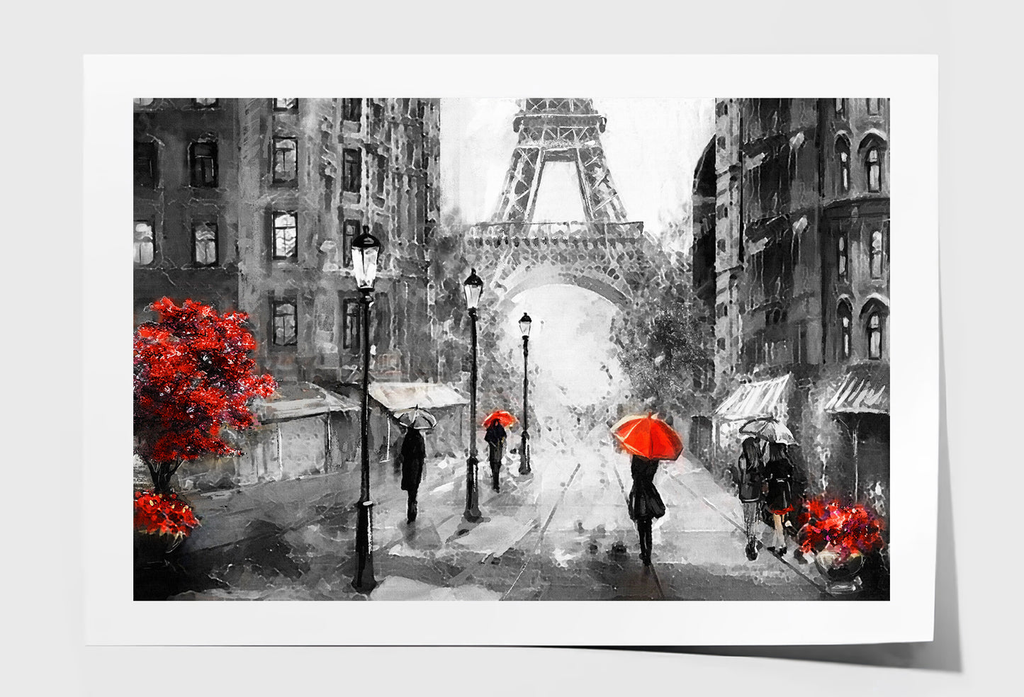 People Under Red Umbrella & Tree near Eiffel Tower B&W Painting Wall Art Limited Edition High Quality Print Unframed Roll Canvas None