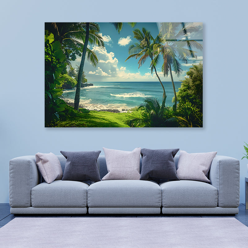 Tropical Beach with Palm Trees under Sky Acrylic Glass Print Tempered Glass Wall Art 100% Made in Australia Ready to Hang