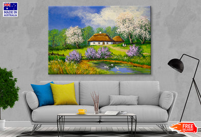 Pond near Houses & Garden Cloudy Sky Oil Painting Wall Art Limited Edition High Quality Print
