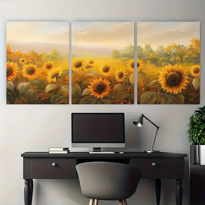 3pcs Sunflower Field with Autumn Trees Metal Print Ready to Hang Art