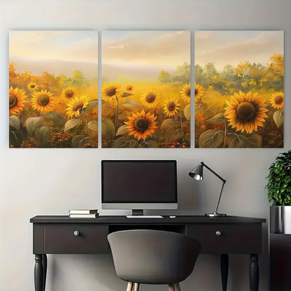 3pcs Sunflower Field with Autumn Trees Metal Print Ready to Hang Art
