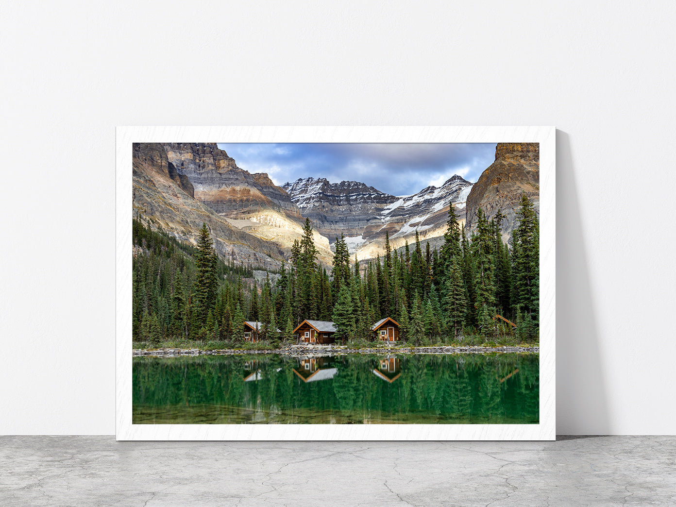 Lake With Mountain Peaks & Cabins Glass Framed Wall Art, Ready to Hang Quality Print Without White Border White