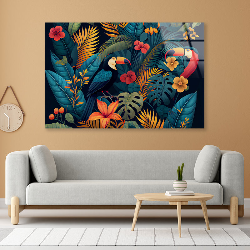 Painting Of Flowers, Leaves, & Birds Acrylic Glass Print Tempered Glass Wall Art 100% Made in Australia Ready to Hang