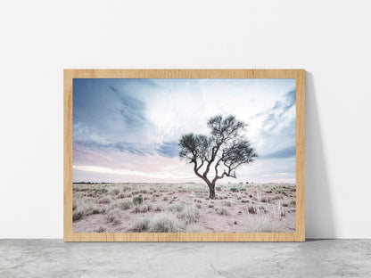 Dead Tree on Landscape & Cloudy Sky Photograph Glass Framed Wall Art, Ready to Hang Quality Print Without White Border Oak